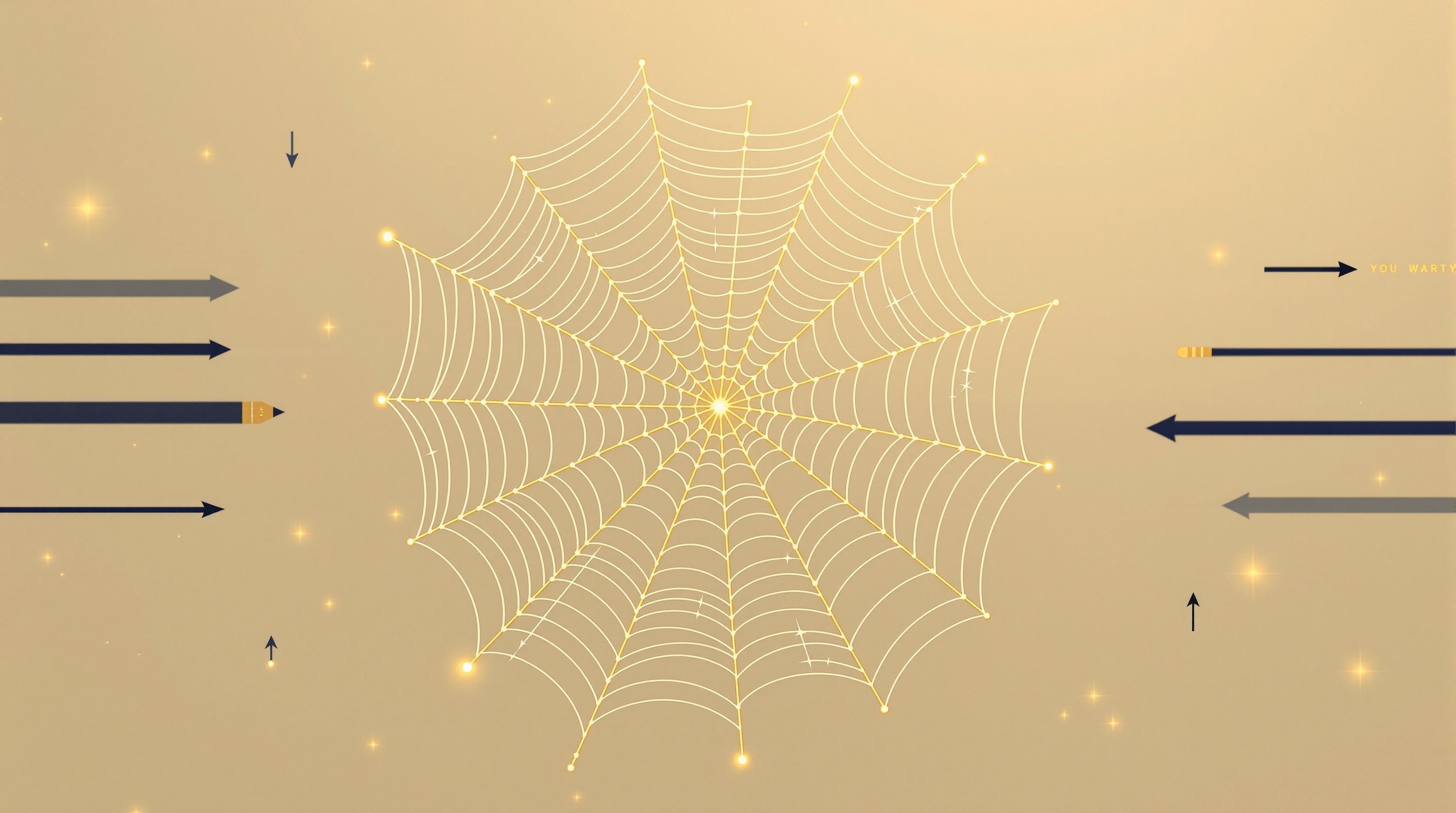 Spider web with arrows showing non-linear thinking patterns