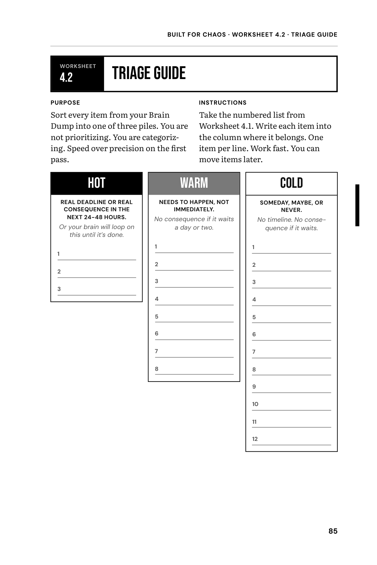 Three Pile System Triage Guide worksheet from Built For Chaos, page 85