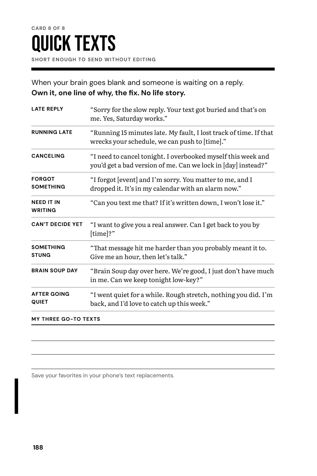 Quick Texts, card eight of the Human AF Go-Bag, from Built For Chaos, page 188