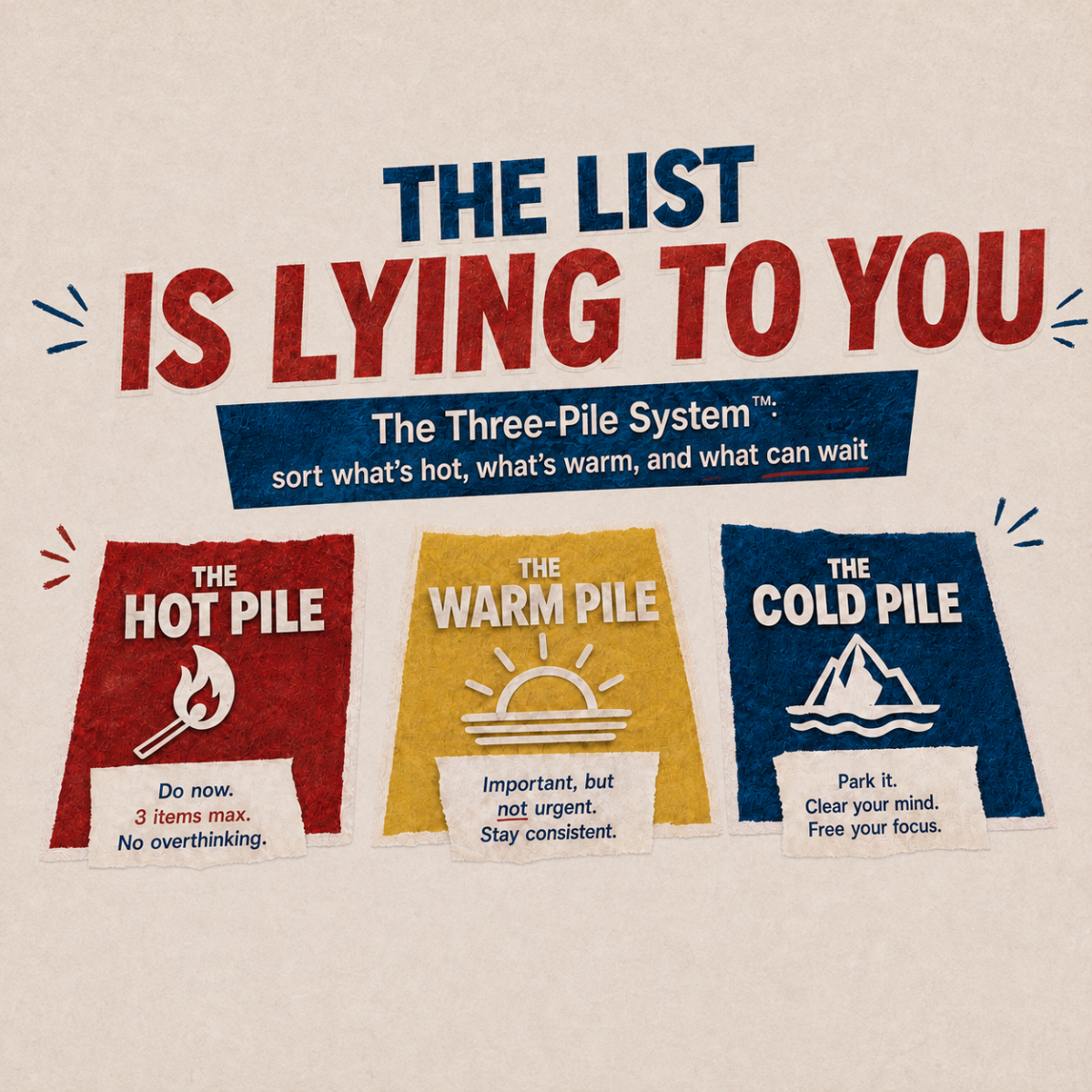The List Is Lying, a printable Three Pile System worksheet for ADHD task triage